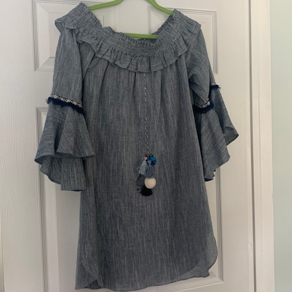Woman's MISA Blue Tassel Off Shoulder Mini Dress L NWT